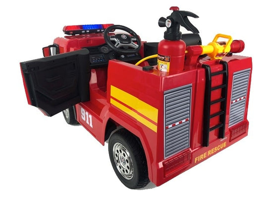 12V Fire Truck Ride On Car for Kids - Electric Fire Engine with Water Spray & Lights
