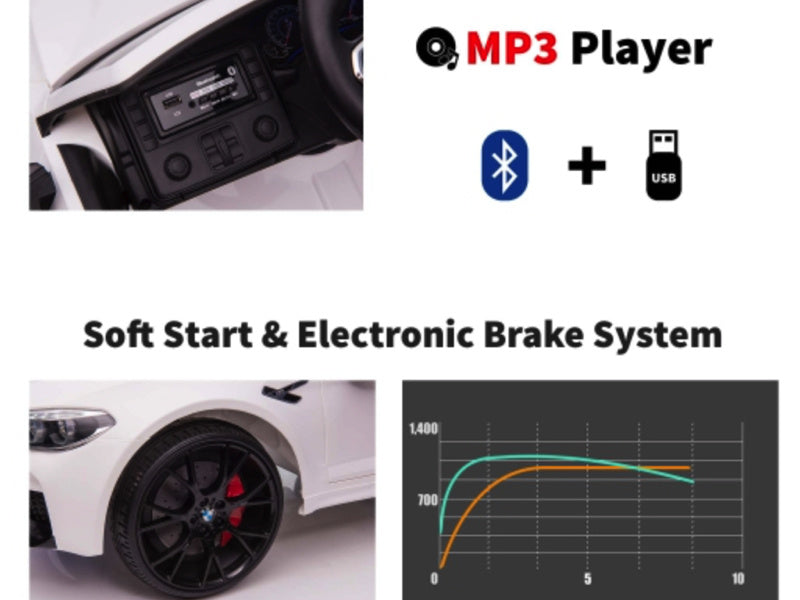 Licensed BMW M5 12V Kids Electric Car - Premium Sedan with Pull Handle (White)