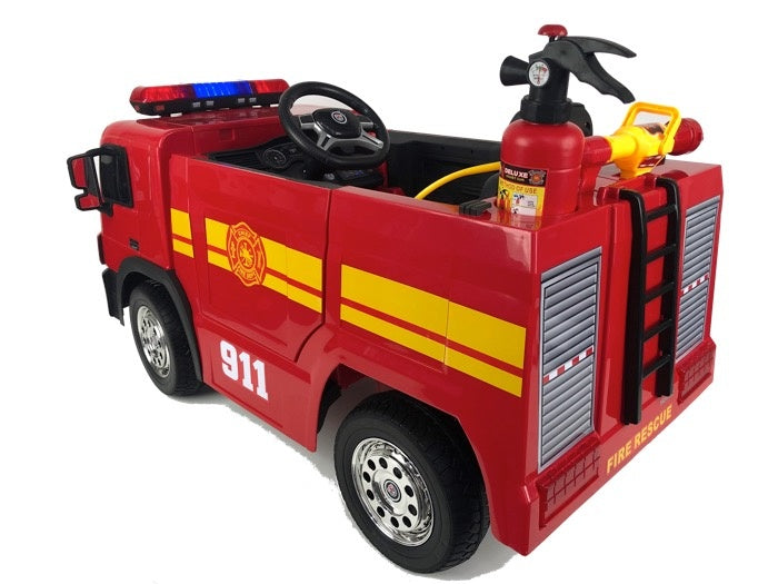 Fire Truck 12V Kids Electric Car - With Water Spray Gun, Flashing Lights & Helmet (Red)