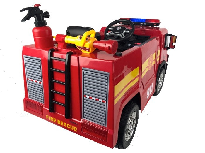 Fire Truck 12V Kids Electric Car - With Water Spray Gun, Flashing Lights & Helmet (Red)
