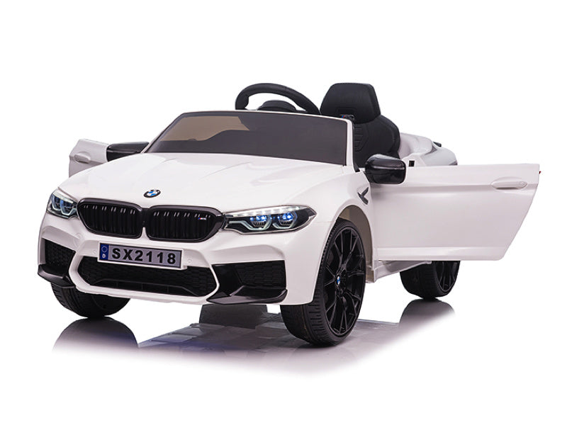 Licensed BMW M5 12V Kids Electric Car - Premium Sedan with Pull Handle (White)