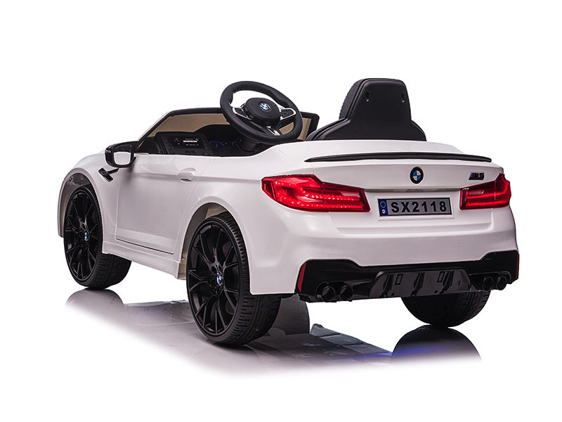 Licensed BMW M5 12V Kids Electric Car - Premium Sedan with Pull Handle (White)
